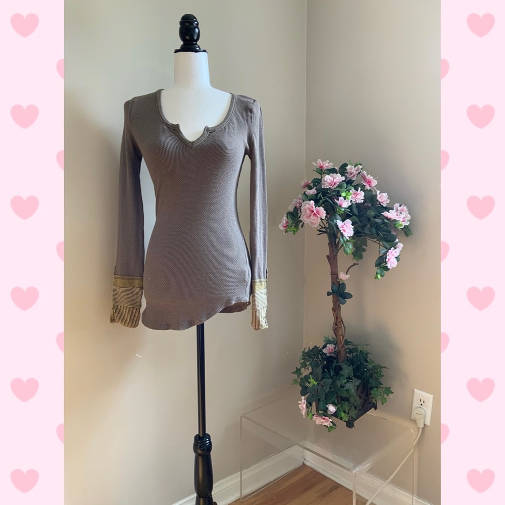 Free People Khaki Tan Brown and Green Thermal Shirt